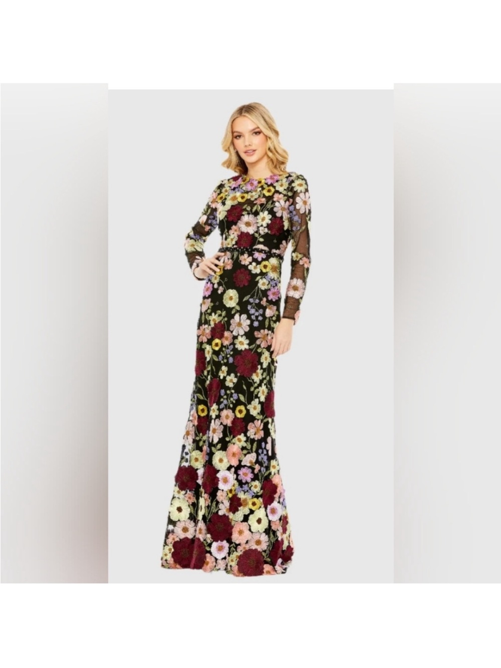 Mac Duggal Black Long Sleeve Floral Embroidered Maxi Dress